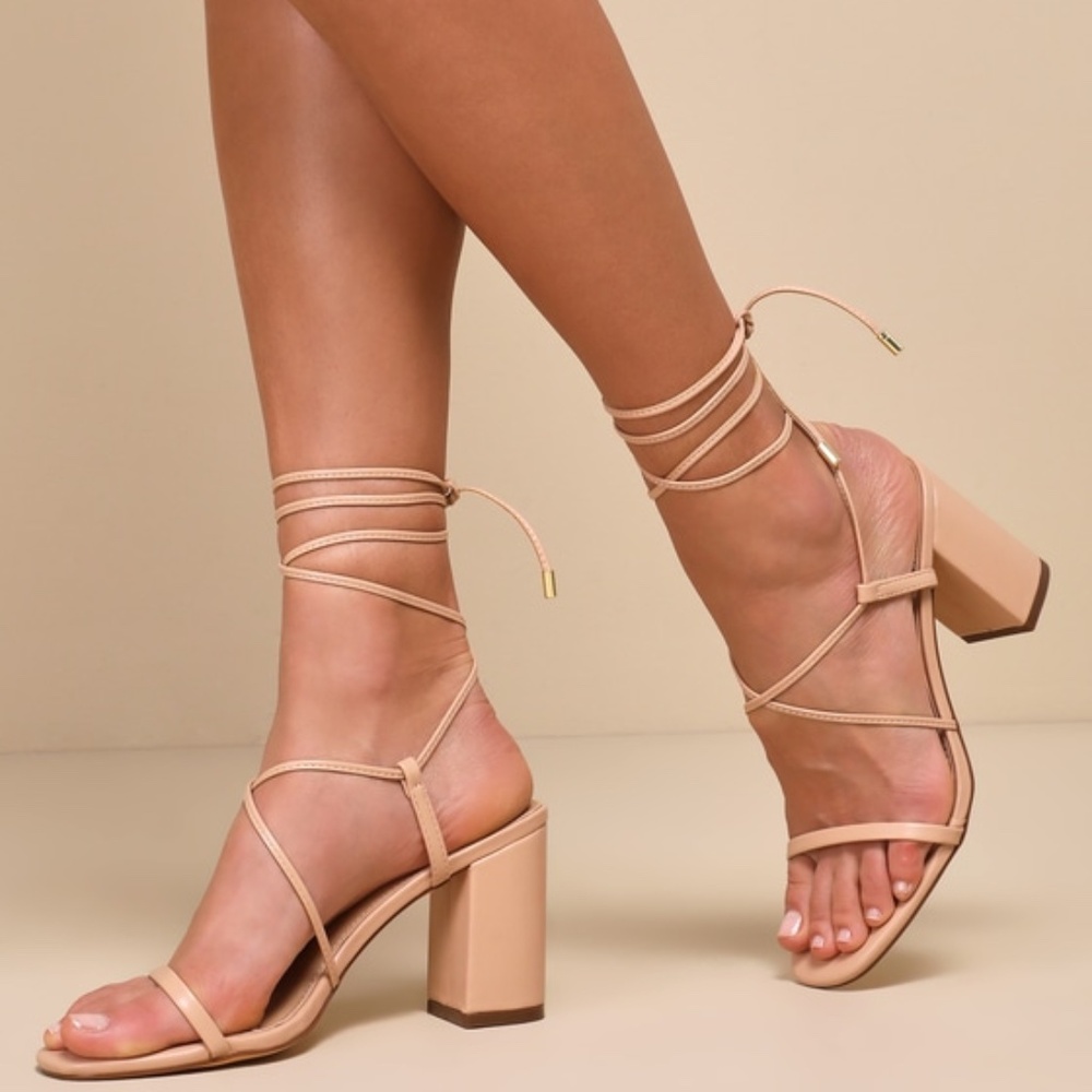 Lulus Aribaa Light Nude Lace-up High Heel Sandals Beige - Size 8